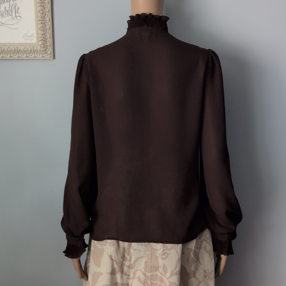 Vintage Whimsigoth Chocolate Brown Pleated Ruffled V-Neck Long Sleeve Blouse - Picture 11 of 16